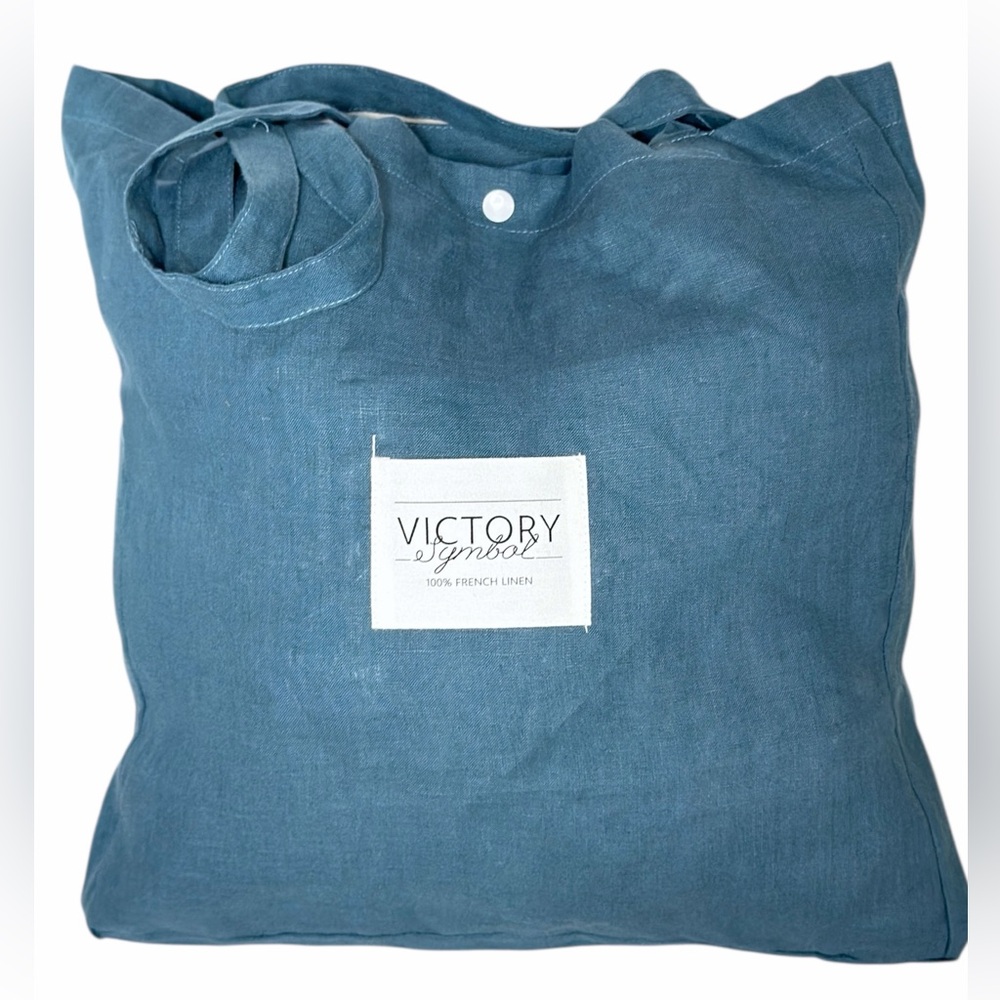VICTORY SYMBOL 100% French Linen Blue Shoulder Bag Minimalist Tote Snap Closure